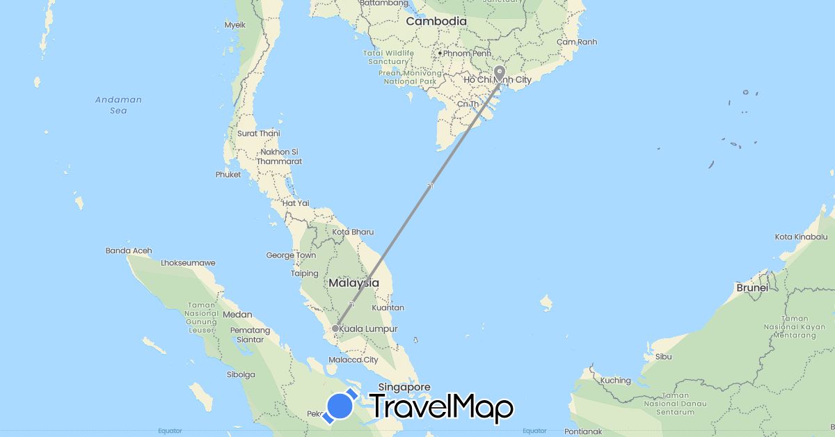 TravelMap itinerary: driving, plane in Malaysia, Vietnam (Asia)